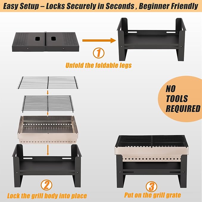 Portable Charcoal Grill, Small Tabletop BBQ, Foldable Mini Hibachi, Stainless Steel Camping Grill, Compact Outdoor Cooker for Picnic, Tailgating