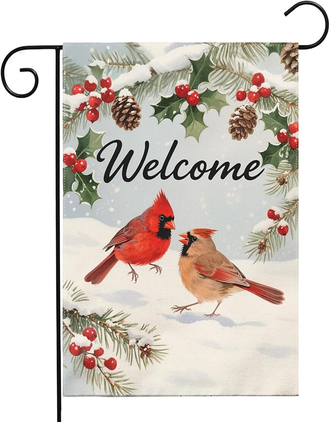 Welcome Winter Garden Flag 12x18 Inch Cardinal Bird Snow Scene Christmas Holiday Seasonal Decorative Yard Flags for Outside Double Sided Outdoor Home Farmhouse Decoration Porch New Year Decor