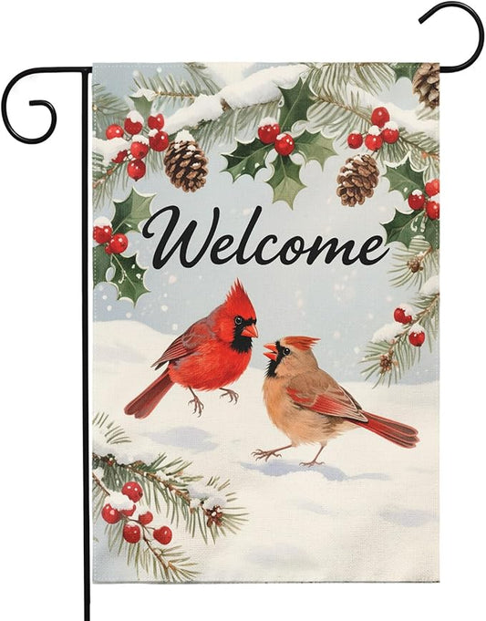 Welcome Winter Garden Flag 12x18 Inch Cardinal Bird Snow Scene Christmas Holiday Seasonal Decorative Yard Flags for Outside Double Sided Outdoor Home Farmhouse Decoration Porch New Year Decor