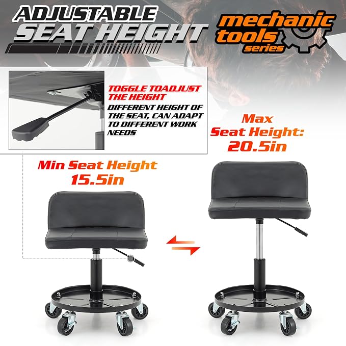 M-AUTO Padded Seat Mechanic Stool with Wheels, 16”-21” Height Adjustable Swivel Mechanics Seat with Tool Tray Storage for Garage and Garden, 300lbs Capacity