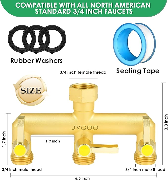 Garden Hose Splitter, Brass 3 Way Hose Splitter, 3/4" Water Hose Splitter 3 Way Heavy Duty with Metal Shutoff Valve and Extension Handle, Outdoor Faucet Splitter Water Spigot Splitter Manifold
