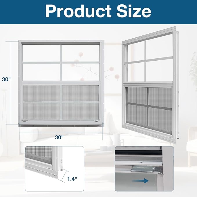 Yuzzy Shed Windows 2 Pack, Chicken Coop Windows 30" x 30" with Tempered Glass and Fiberglass Screen, Flush Mounted Small Window for Shed, Barns, Playhouse, Household, Garage (White)