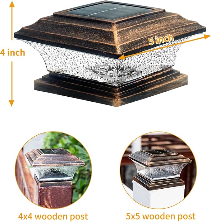 HUYIENO Solar Post Cap Lights Outdoor LED Lighting Deck Fence Two Modes Warm White/7 RGB Color Changing Suitable for 4x4 5x5 Wooden Brushed Copper 6pk.