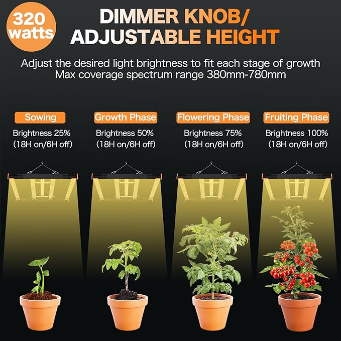 ECOHOM Bar 320W LED Grow Light, Full Spectrum, Dimmable, Daisy Chain, High PPFD, 3x3 Coverage, for Indoor Plants Seed Starting, Vegs and Bloom, Retractable, Pro Lamp for Grow Tent Commercial Use