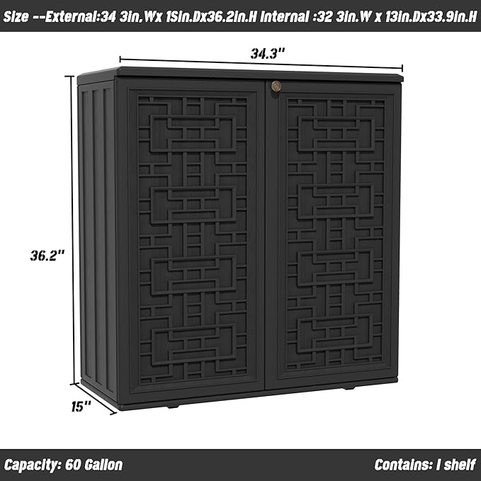 Mrosaa Outdoor Storage Cabinet Waterproof with Shelf,Resin Storage Sheds Outdoor Cabinets for tub Towels/Chemicals/Grill Items/Patio/Garden/Backyard, Size 34.3''L*15''W*36.2''H（Black）
