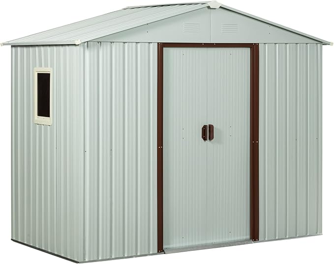 YOPTO 8×4 FT Outdoor Galvanized Metal Storage Shed with Window and Integrated 4 Punched Vents,Large Garden Shed W/Sliding Doors and Padlock,Waterproof Tool Sheds for Backyard Patio Lawn,White
