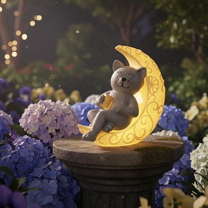 PETAFLOP Solar Cat Garden Statue Decor, Moon Cat Figurine Patio Balcony Yard Lawn Outdoor, I Love You to the Moon and Back Birthday Housewarming Gifts for Mom Grandma Women Cats Lover