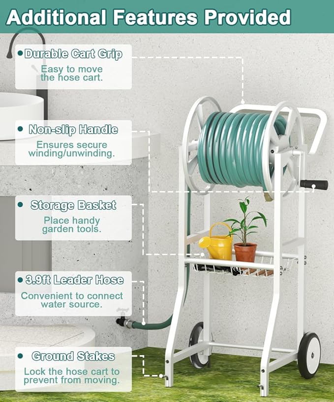 Artigarden Garden Hoses Reel Cart with Wheels, Outdoor Heavy Duty Powder Coated Steel Water Winder Storage Holds 125 ft 5/8" Hose with 3.9ft Leader Hose and Basket for Backyard, Yard, Lawn, White