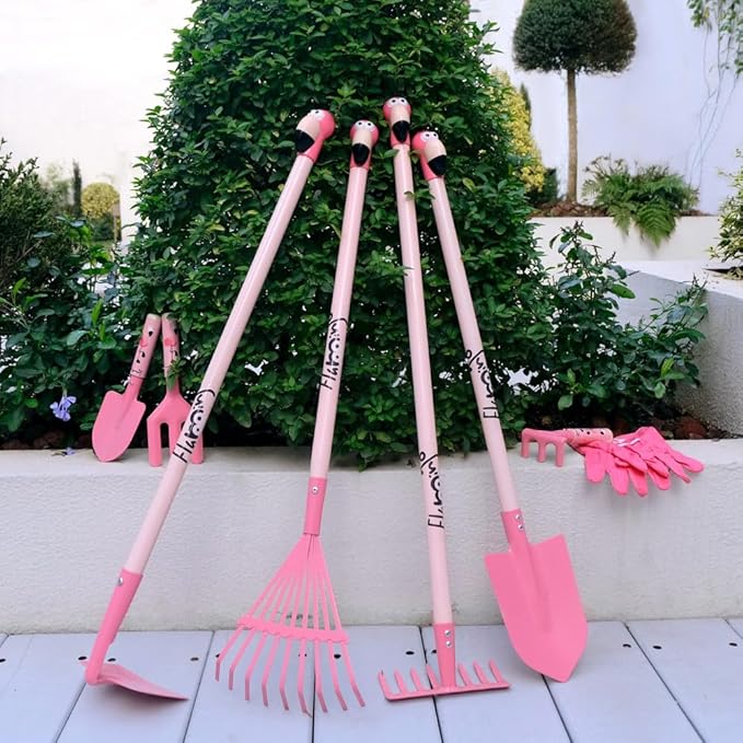 Altdorff Kids Gardening Tool Set Pink, Kid Rake and Shovel Set, 29.6'' Metal Leaf Rake, Shovel, Hoe and Mini Garden Yard Tools, Gardening Toy Gift for Kids Age 3+ Years(Pink), Develop Intelligence