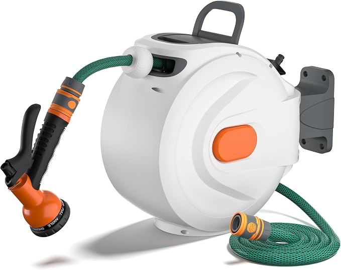 Retractable Garden Hose Reel - 1/2 inch x 100ft Wall Mounted Hose Reel with 3/4 inch Brass Fitting & 8 Function Sprayer Nozzle - Any Length Lock, Auto Rewind System, 180°Swivel Bracket