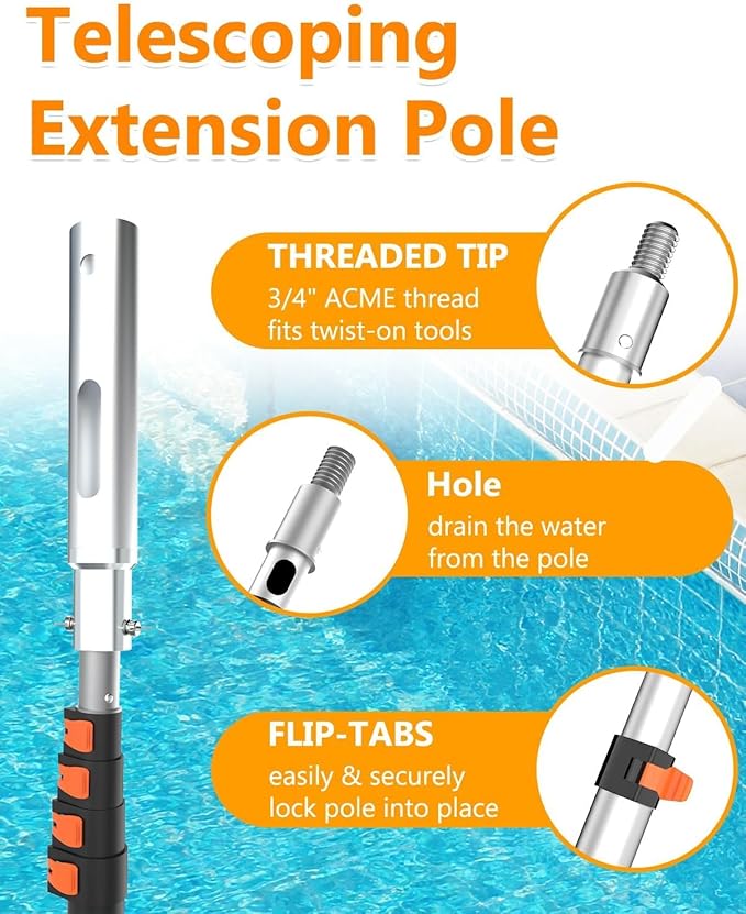 Buyplus Pool Pole - Upgraded 16 Foot Telescopic Extendable Swimming Pool Pole with 4-16FT Aluminium Heavy Duty Extension Pole for Skimmer Nets, Rakes, Brushes and Vacuum Heads, Universal 1.25", Orange