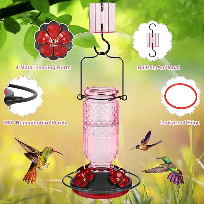 FEED GARDEN Glass Hummingbird Feeder for Outdoors, 16oz with Ant Moat, 4 Bee-Proof Ports, Leak-Proof, Easy to Clean, Pink