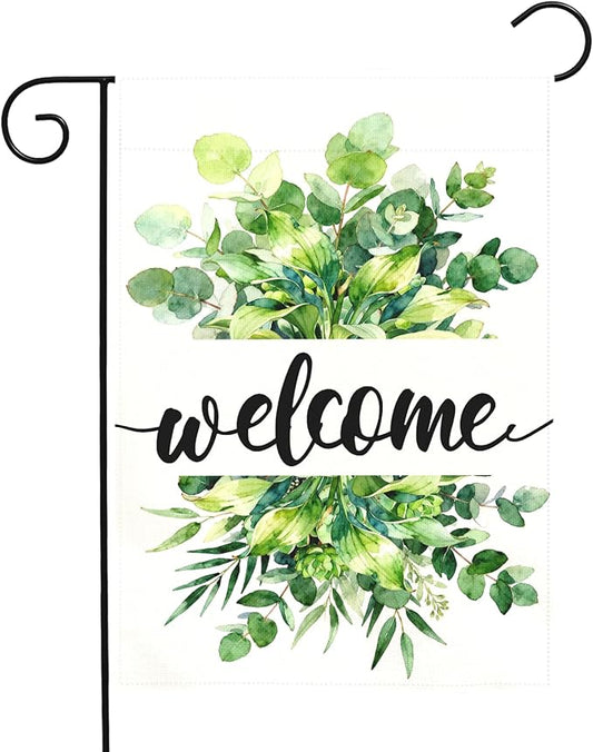 Welcome Spring Garden Flag Summer Greenery Watercolor Eucalyptus Leaves House Banner Seasonal Rustic Farmhouse Hosta Planta Yard Flags for Outside Porch Patio Lawn Home Decor 12 x 18 Inch