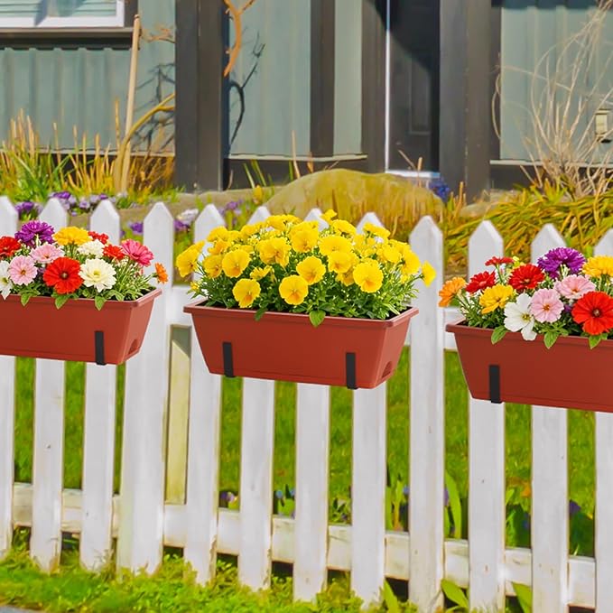 CADUKE Railing Planter Box 16.9 Inches Fence Hanging Planters with Adjustable Brackets Red Deck Railing Planter Boxes Plastic Outdoor Balcony Railing Window Boxes Planters Hanging Flower Box