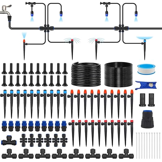 230FT Drip Irrigation System for Garden with 40 Nozzles & Emitters, Quick Connect Garden Watering System with 1/2" & 1/4" Tube, Adjustable Sprinklers Kit for Greenhouse, Lawn, Flower Beds, Raised Bed
