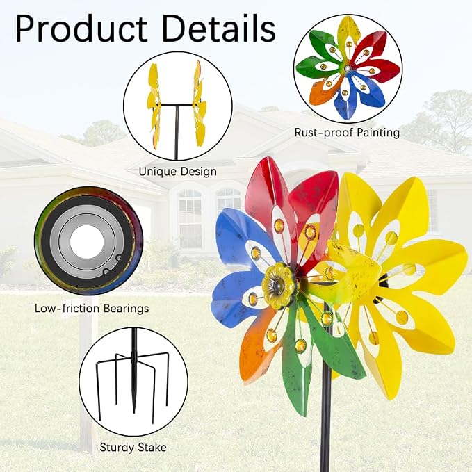 Stargarden Outdoor Wind Spinner, 64 * 14.2" Double Wind Sculptures,Colorful Metal Windmill for Garden Patio Yard Decor