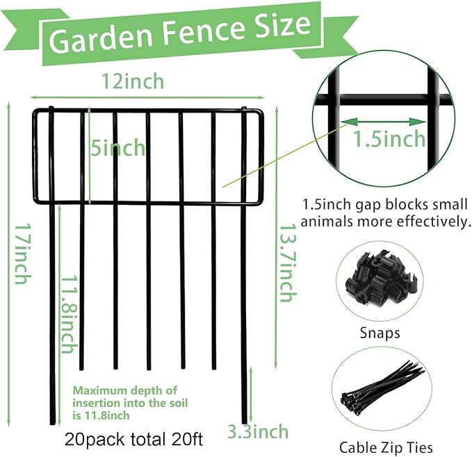 Thrivinest Animal Barrier Fence, 20 Pack No Dig Decorative Fences, 17in(H) x20ft(L) Rustproof Metal Wire Small Garden Fence Border for Dogs Rabbits