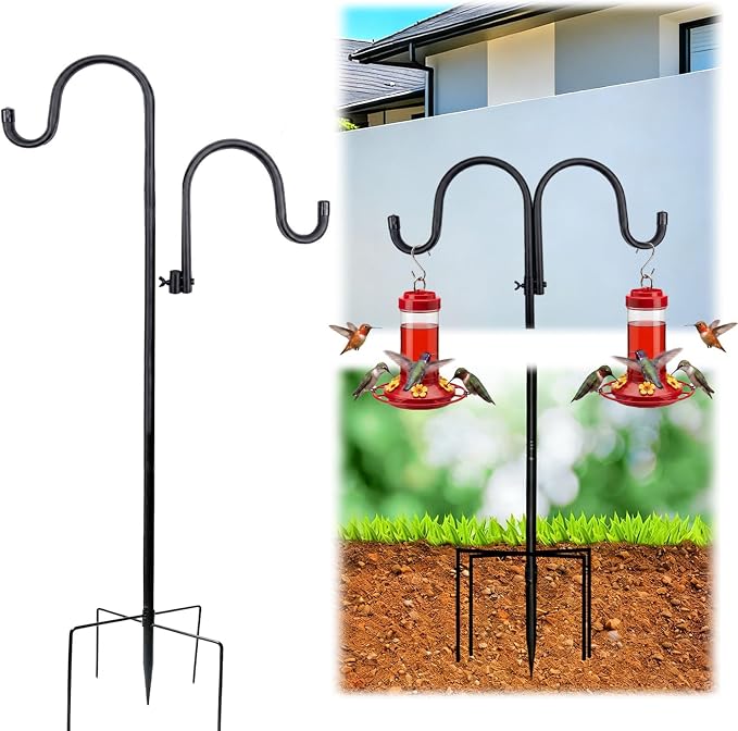 74“ Shepherds Hooks for Outdoor - 3/4 Inches Thick Bird Feeder Pole with 5-Prong Base, Wind Chimes Hanger for Garden, Patios, Backyard | Rust-Resistant Metal Pole (Black)