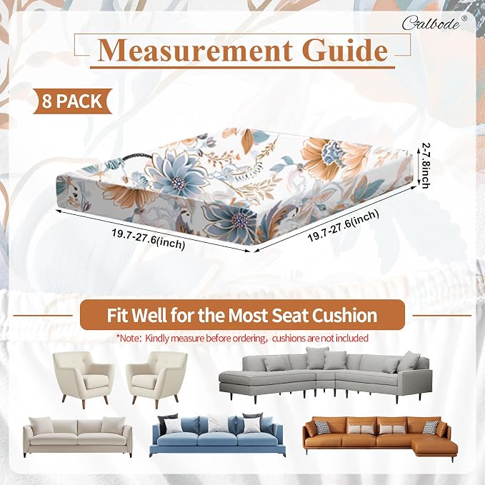 CALBODE 8Pcs High Elastic Digitally Printed Sofa Seat Cushion Cover, Soft & Comfortable Reusable Floral Print Stretch Couch Cushion Slipcover for Outdoor Furniture Protector Replacement, All-Season