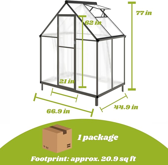 6x4 FT Greenhouse for Outdoors, Polycarbonate Greenhouse with Quick Setup Structure and Roof Vent, Aluminum Large Walk-in Green House for Outside Garden Backyard, Charcoal Black