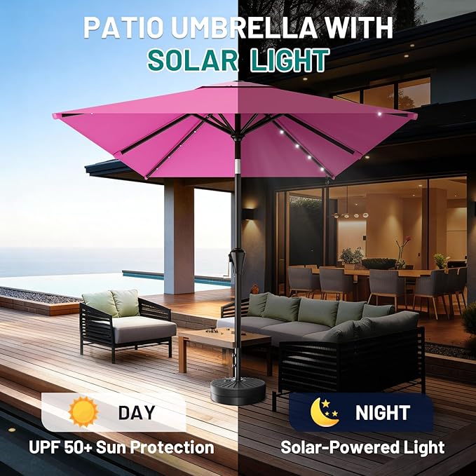 AreShark 6.5' x 10' Rectangular Patio Umbrella with Solar Lights, Solar Powered Lighted Market Umbrella w/Tilt and Crank, Outdoor Table Umbrella for Garden, Deck, Backyard, Pool and Beach, Rose Pink