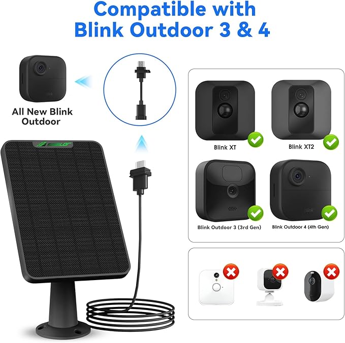 6W Solar Panel for Blink Camera Outdoor, Solar Charger with Battery Compatible with Blink Outdoor 3 & 4, Solar Panel for Blink XT XT2 Camera with Rubber Plug,13.12ft Cable, IP65 Waterproof