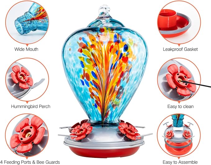 Muse Garden Hummingbird Feeders for Outdoors Hanging, Blown Glass Hummingbird Feeder Gifts for Women, Garden Decor Backyard Decor, Unique Gardening Gifts for Older Women, 34OZ, Comet | Muse Garden Hummingbird Feeders for Outdoors Hanging, Blown Glass H...