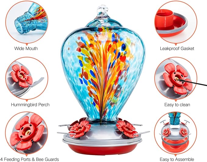 Muse Garden Gifts for Women Glass Hummingbird Feeder for Outdoors Hanging, Birthday Mother‘s Day Christmas Valentine Hummingbird Gifts for Women Mom, Ant Moat Included, 2 Pack, Peacock and Comet | Muse Garden Gifts for Women Glass Hummingbird Feeder fo...