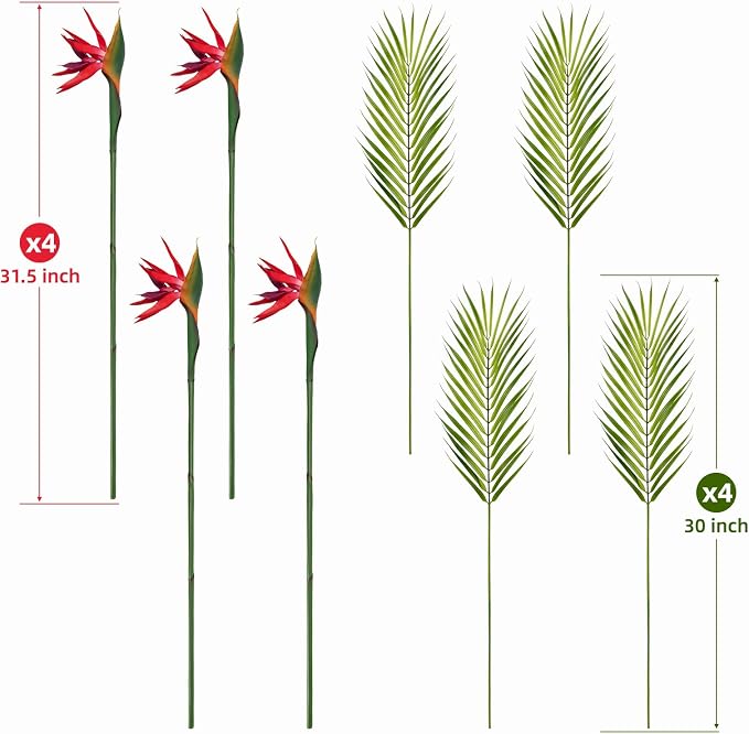 8 PCS Bird of Paradise Artificial Plant Combo Palm Leaves,4 Faux Bird of Paradise Plant with 4 Artificial Palm Leaves for Wedding Garden Office Home Indoor and Outdoor Decor(Red)