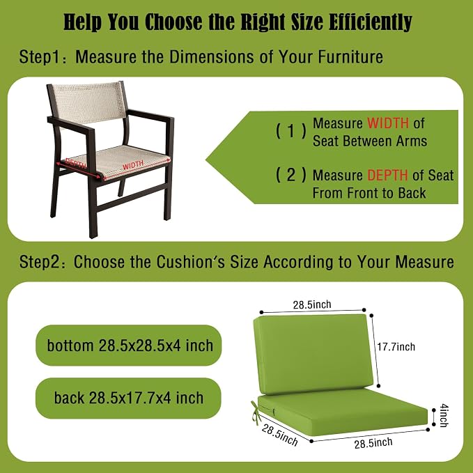 idee-home Outdoor Chair Cushions for Patio Furniture, Outdoor Seat Cushion | Waterproof Hampton Bay Deep Seat Replacement Couch Chair Cushions for Garden Backyard Green 28.5 x 28.5