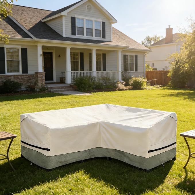 okcool Outdoor Sectional Cover,V-Shaped Patio Furniture Covers for 7-Seater Outdoor Sectional Furniture Couch（105''X105''）,White&Grayish Green