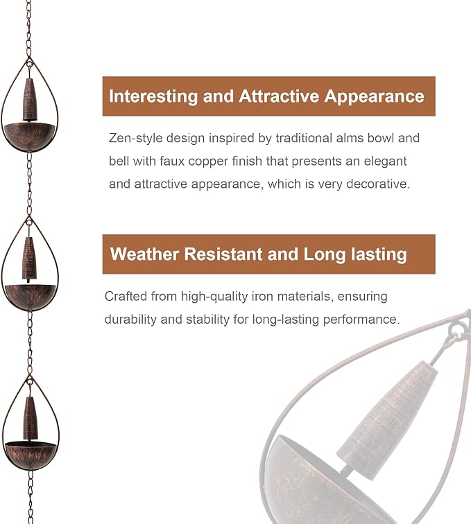 Glitzhome 8.5 FT Rain Chains, Faux Copper Bowl and Bell Rain Chains for Gutters with 10 Cups, Adjustable Rain Catcher Chain with V-Shaped Gutter