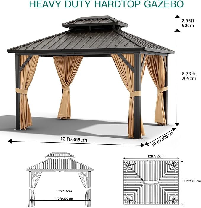 12 x 20 ft Hardtop Gazebo, Heavy Duty Galvanized Aluminum Frame Double Roof Outdoor Pavilion, Faux Wood Grain Metal Roof Gazebo with Netting & Privacy Curtains, Brown Patio Canopy Shelter for Backyard