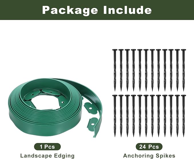 uxcell Landscape Edging, 1Pcs 26FT x 2" - Garden Edging Kit with 24 Stakes, Landscape Edging Border for Garden Lawn Flower Bed Yard Grass (Green)
