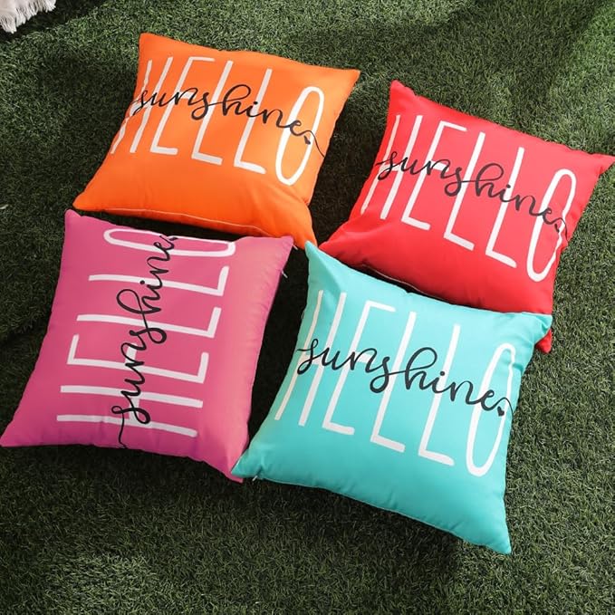 DFXSZ Outdoor Pillow Covers 18x18 Inch Set of 2 Hello Sunshine Decor Hot Pink Waterproof Throw Pillow Covers Summer Outdoor Waterproof Pillow Covers Decor for Patio Funiture Garden Sofa Couch 020H18