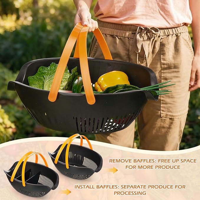 Nuogo 3 Pcs Garden Harvest Basket, Removable Partitions with Tool Caddy for Collecting, Carrying, and Cleaning Harvesting Basket Doubles as a Colander for Vegetables and Fruits Garden Accessories