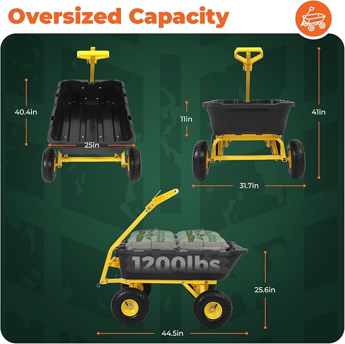 Sekey 1400lbs Garden Dump Cart for Lawn & Landscaping, Towable Utility Wagon with Quick-Release Dumping, 10" All-Terrain Tires, Black