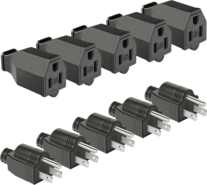 NEMA 5-15P Electrical Replacement Plugs End, Extension Cord Ends 125V 15A 2Pole 3Wire Male&Female Plug，Ground Neutral Generator Plugs, 3 Prong Power Replacement Plug，5 Set