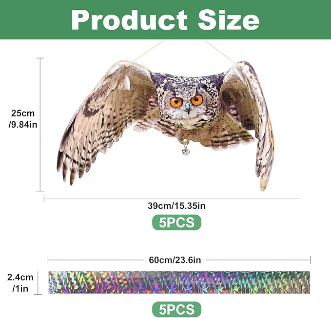 Fake Owl Hanging Outdoor Decoration, 5 Pack Flat Garden Owl with Reflective Tape and Bell to Scare Squirrel Pigeon Woodpecker from House Patio Yard Porch Window, Plastic Owl Scarer