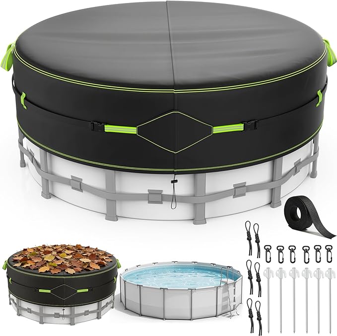 14Ft Round Pool Cover for Above Ground Pools, Safety Solar Pool Covers with Reflective Strips, Rope and Luminous Nails, Upgraded Thicker Oxford, PU Tarp Snug, UV Protected, Windproof, Tear Resistant