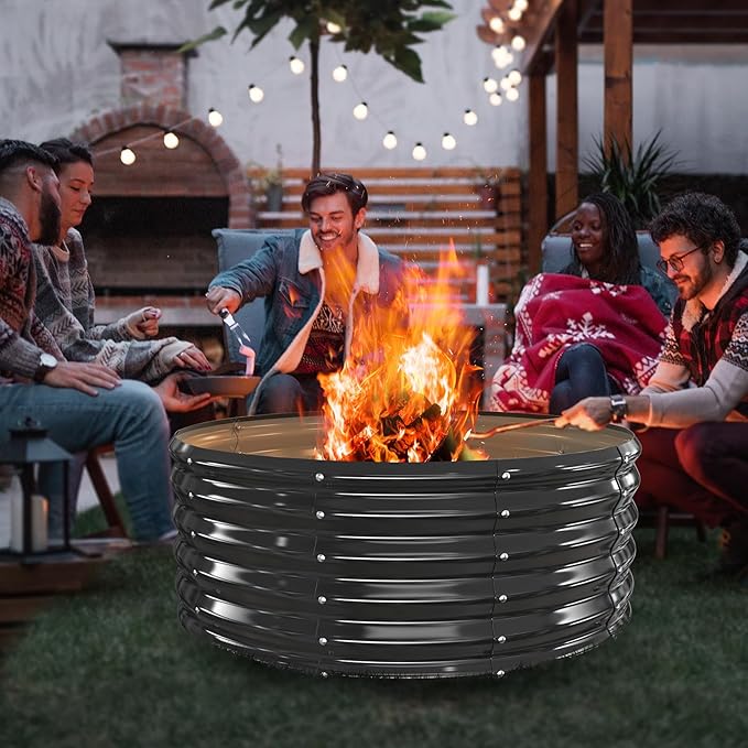 YSEJOMP 40 Inch Round Galvanized Fire Pit Ring/Fire Ring - Foldable and Perfect for Outdoor Gatherings and Campfires in The Yard/Garden/Park/Beach (Black+Gray, 3.3 FT Diameter+1.5 FT Tall)
