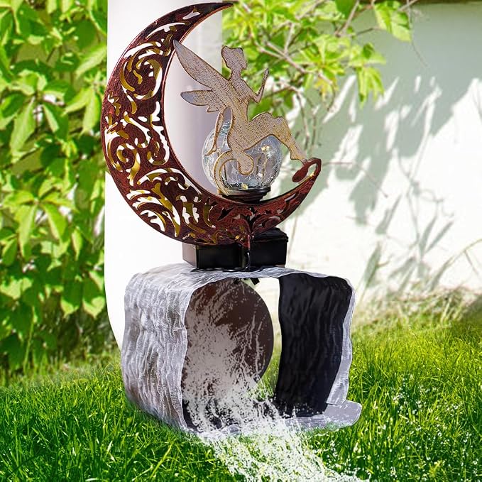 Metal Fairy Gutter Downspout Extensions with Solar Powered Glass Cracking Ball, Outdoor Waterproof Splash Block Sculpture Solar Garden Decor for Yard, Lawn