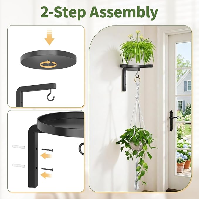 LASZOLA Plant Hanger Shelves Wall Mounted Indoor with 1Pcs Macrame Hanger, Metal Window Plant Holders, 1 Pcs Modern Floating Flower Display Stand with Hook for Outdoor Kitchen Bathroom Decor, Black
