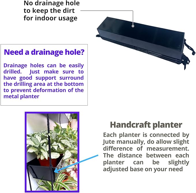 LaLaGreen Bundle- 1 Pack, 3-Tier Hanging Metal Planter + 10 Pack, 4 Inch Black Metal Pot Wall Mounted Modern Indoor Flower Herb Plant Holder Rail Deck Fence Balcony Outdoor Box Garden Home Patio Decor