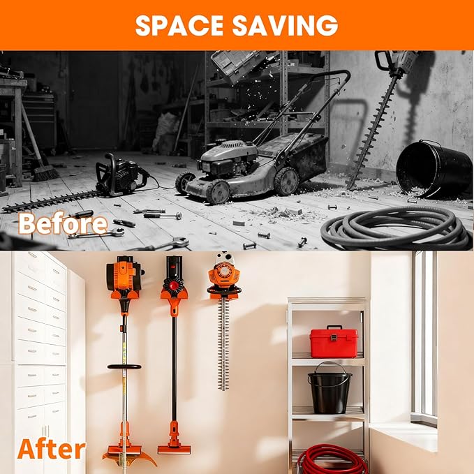 Weed Eater Hanger, Garage Organizer Trimmer Rack Wall Mount, Garden Power Tool Holder Garage Hooks for Grass Trimmer, Hedge Trimmer, Leaf Blower and Chainsaw Storage, 4 Pack