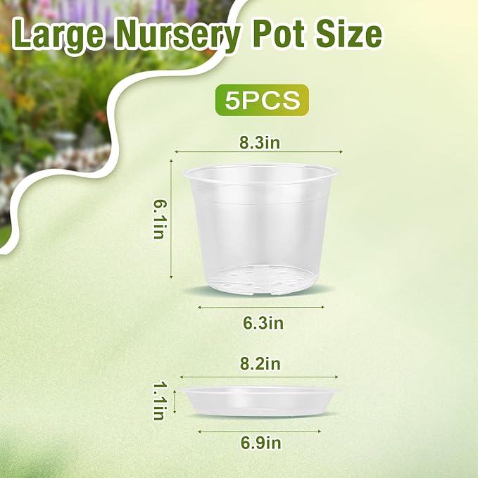 8 Inch Clear Nursery Pots with Drainage and Saucers, 5 Pack Large Clear Plastic Nursery Pots for Plants, Seedling Plant Pots for Repotting and Growing Plants, Flowers & Vegetables(8 inch)