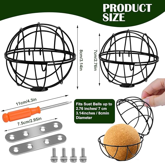 Metal Suet Ball Holder, Black Bird Suet Ball Cage Durable Bird Feeder Accessories with 5mm Screw Hole and 2PCS Perch Extender Compatible with Outdoor Smart Feeders (2 PCS-Dia 3.15", Dia 2.75")