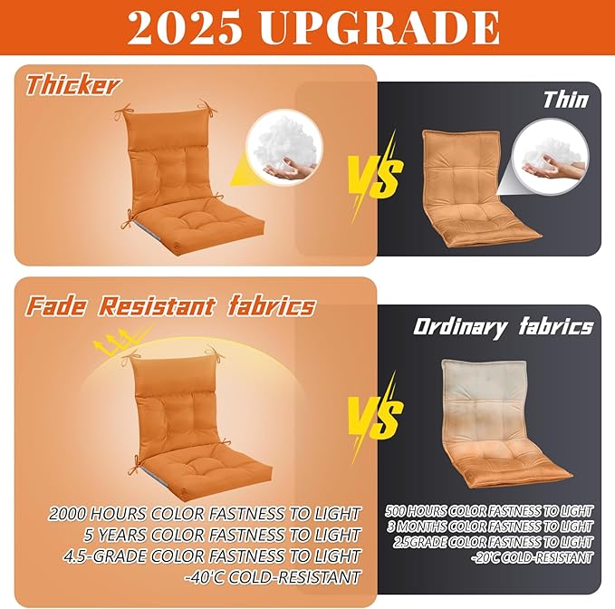 Sintuff 2 Pcs 44 x 21 x 4 Patio Chair Cushions Outdoor Chair Cushion Seat/Back Tufted Pillow with Ties Water Resistant Replacement Indoor Patio Furniture Outdoor Furniture (Solid Color,Orange)