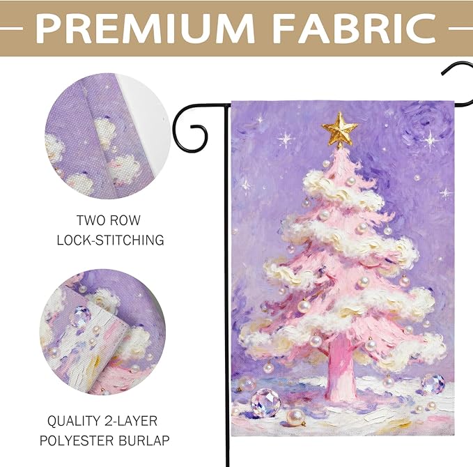 Christmas Garden Flag 12x18 Inch Purple Pink Xmas Tree Pearl Winter Holiday Decorative Yard Flags for Outside Double Sided Seasonal Outdoor Home Farmhouse Decoration Porch New Year Decor