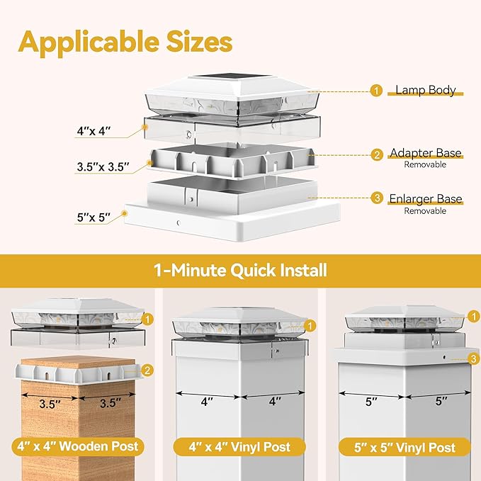 KEILAIMO Solar Post Cap Lights Outdoor, 6 Pack Upgraded Waterproof Deck Fence Post Solar Lights for 3.5x3.5 4x4 5x5 Vinyl/Wood Posts, 10-12 Hours Warm/Cool White Glow for Garden/Patio/Porch - White